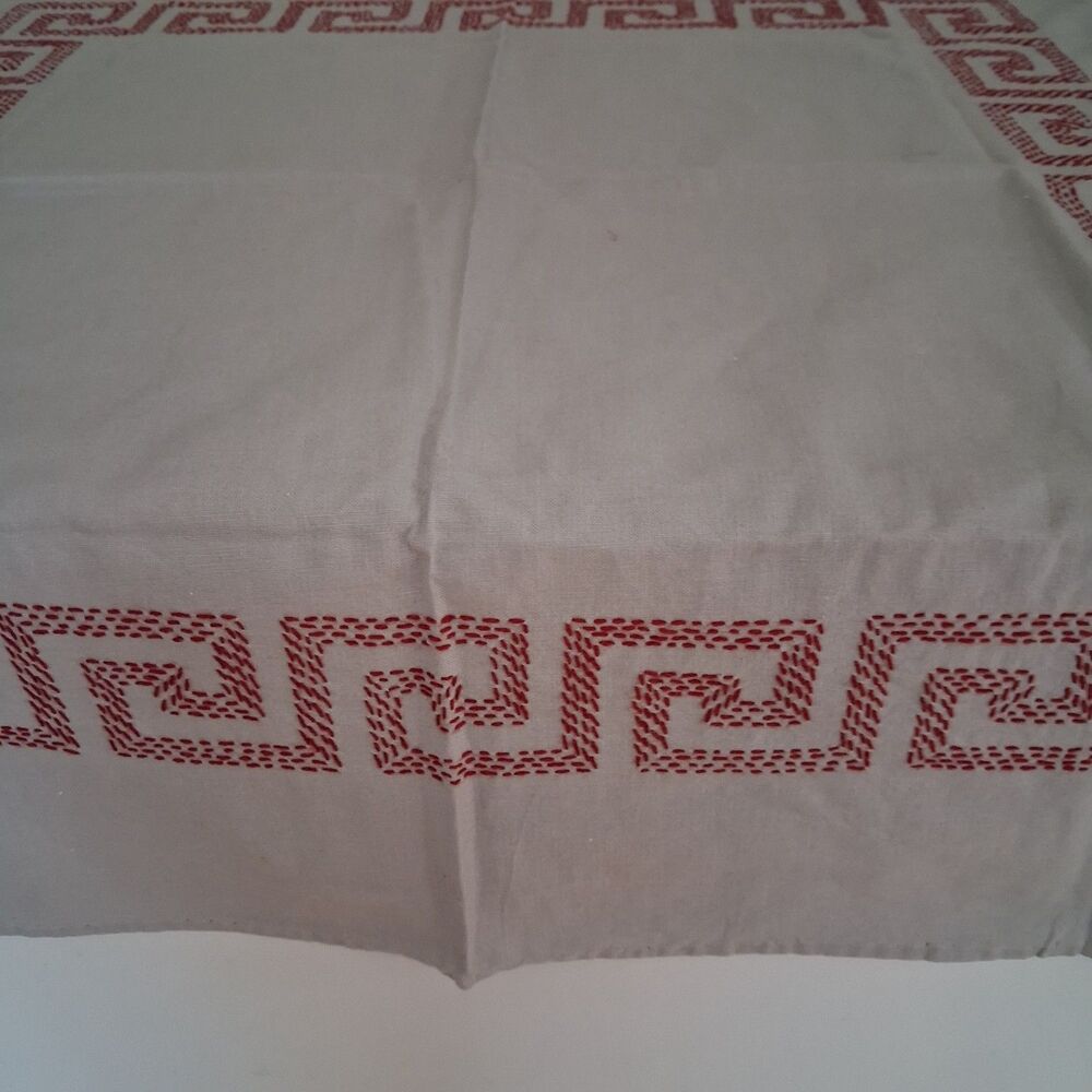 Vintage Embroidered Greek Key Table Topper Redwork Greige Linen Tablecloth 34x32
